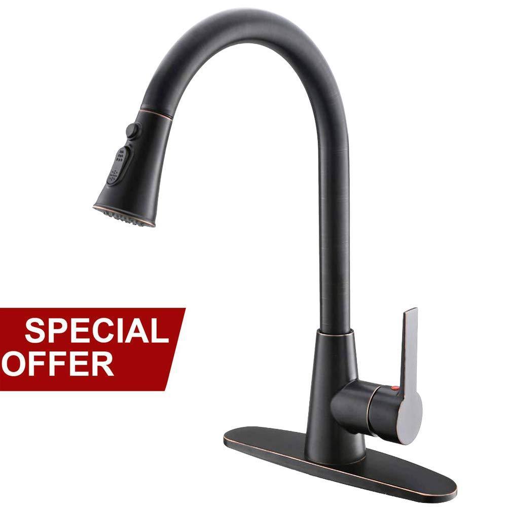 VALISY Modern Comercial Lead-free Antique Pull Out Sprayer Stainless Steel Oil Rubbed Bronze Kitchen Faucet, Kitchen Sink Faucets Black with Deck Plate