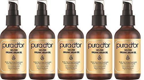 PURA DOR Organic Moroccan PAfLbZ Argan Oil 100 Percent Pure Cold Pressed and USDA Organic Anti-Aging For Face, Hair, Skin and Nails, 4 Fluid Ounce, 5 Pack