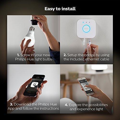 Philips Hue White A19 60W Equivalent Dimmable LED Smart Light Bulb Starter Kit, 2 A19 60W White Bulbs and 1 Bridge, Works with Alexa, Apple HomeKit, and Google Assistant, (California Residents)