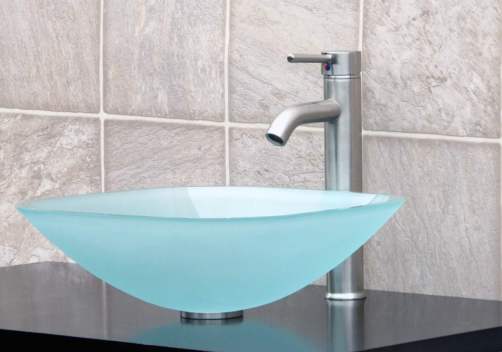 ELIMAX'S GD04F Frosted Square Glass Vessel Sink + Brush Nickel Faucet L07, Pop Up Drain & Mounting Ring