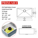 PRIMART PRO 30 X 18 Inch 16 Gauge Handmade Single Bowl Stainless Steel Undermount Kitchen Sink Fits 33