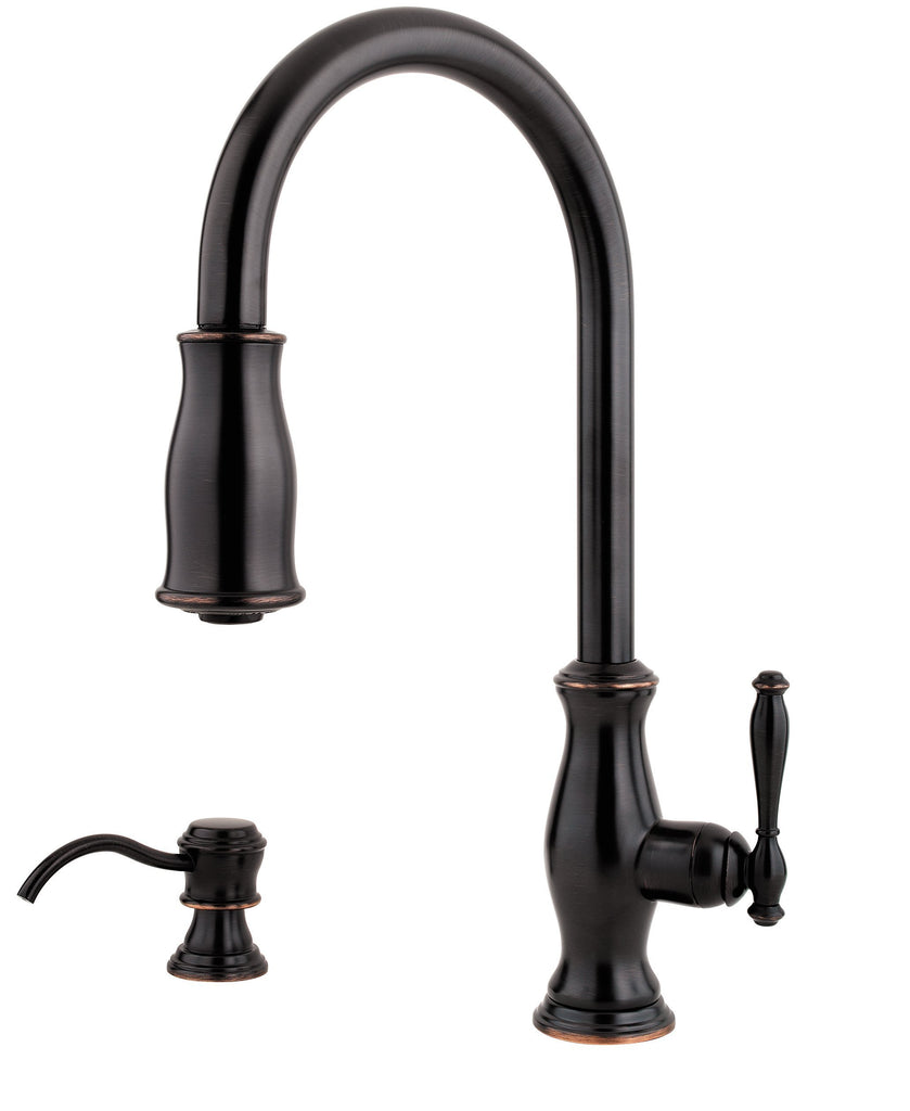 Pfister LF5297TMY Hanover 1-Handle Pull-Down Kitchen Faucet with Soap Dispenser in Tuscan Bronze, Water-Efficient Model