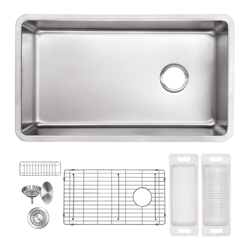 ZUHNE Verona 32 x 19 Inch Single Bowl Under Mount Reversible Offset Drain 16 Gauge Stainless Steel Kitchen Sink W. Grate Protector, Caddy, Colander Set, Drain Strainer and Mounting Clips, 36