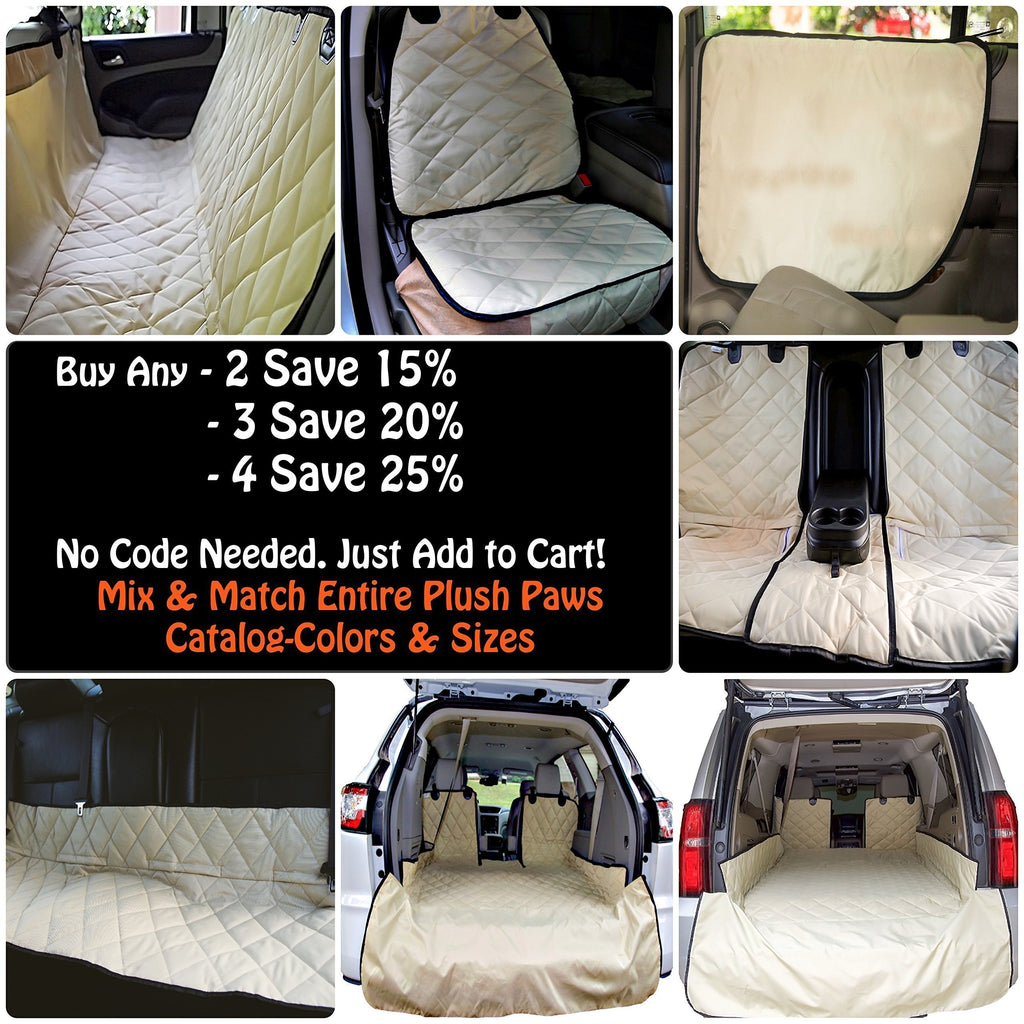 Plush Paws Ultra-Luxury Pet Seat Cover - 2 Bonus Harnesses 2 Seat Belts for Full Size Trucks, Large Suv's & Cars - XL Tan, Waterproof, Nonslip Silicone Backing